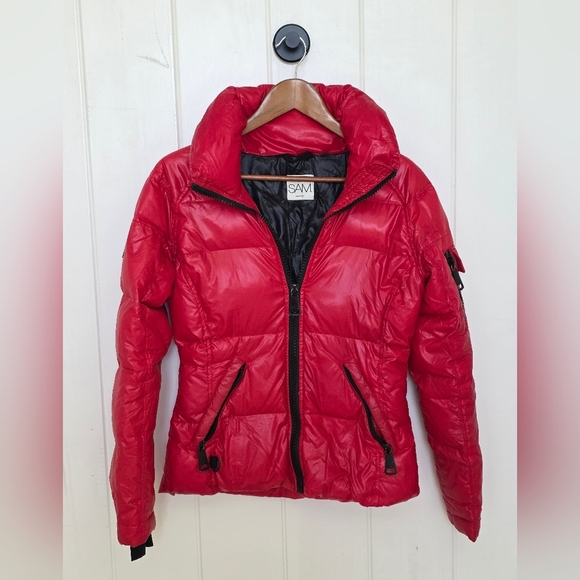 SAM. Freestyle Down Puffer Bomber Jacket In Candy Red Size XS - Picture 6 of 12